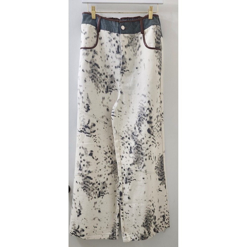 Galita Fashion Beige Animal Print Wide Leg Denim Waist Pants GTD7112 Medium
